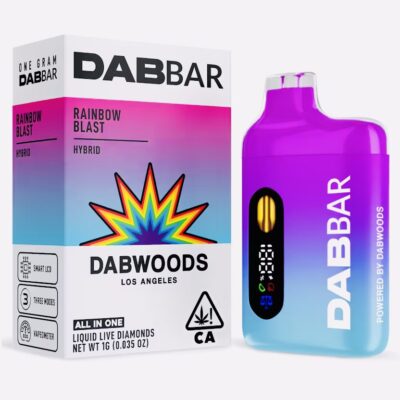 Close-up of Dabwoods Dab Bar 2.0 Liquid Diamond 1G Rainbow Blast, showcasing its innovative design and fruity hybrid strain flavor.