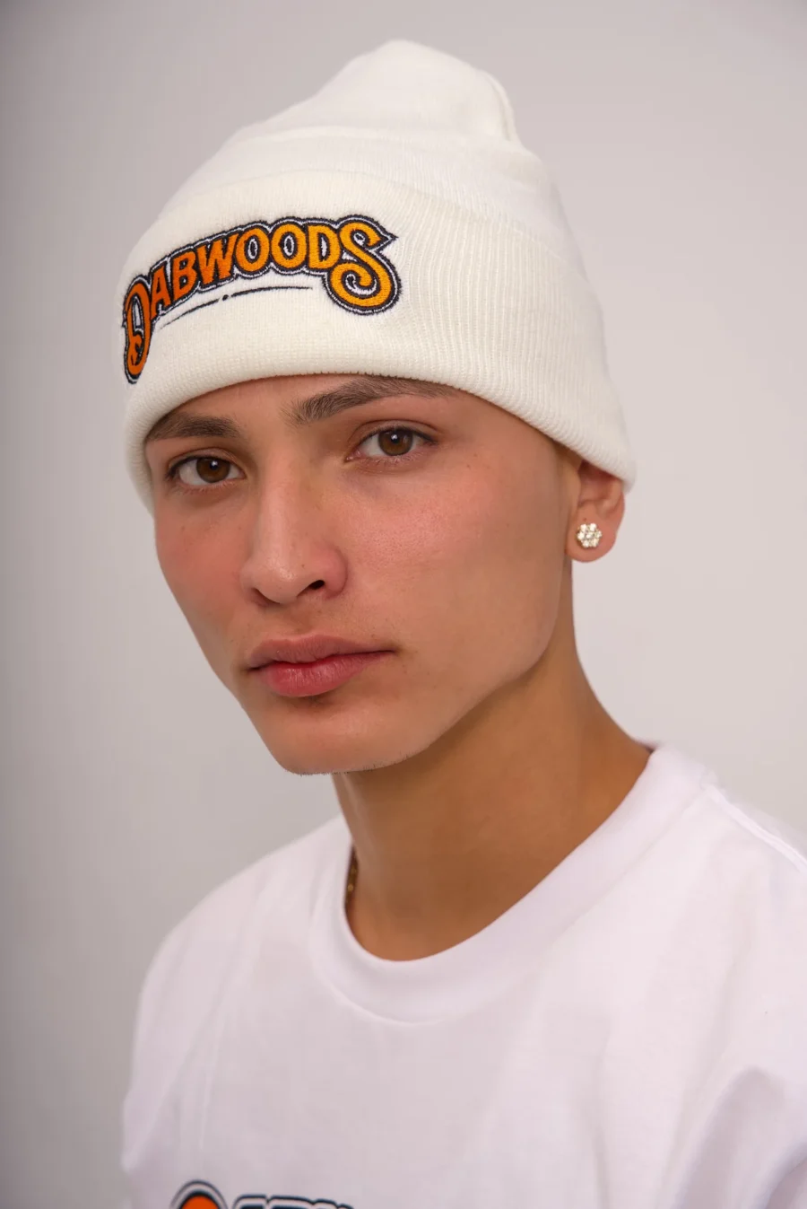 Dabwoods White Beanie on model side profile