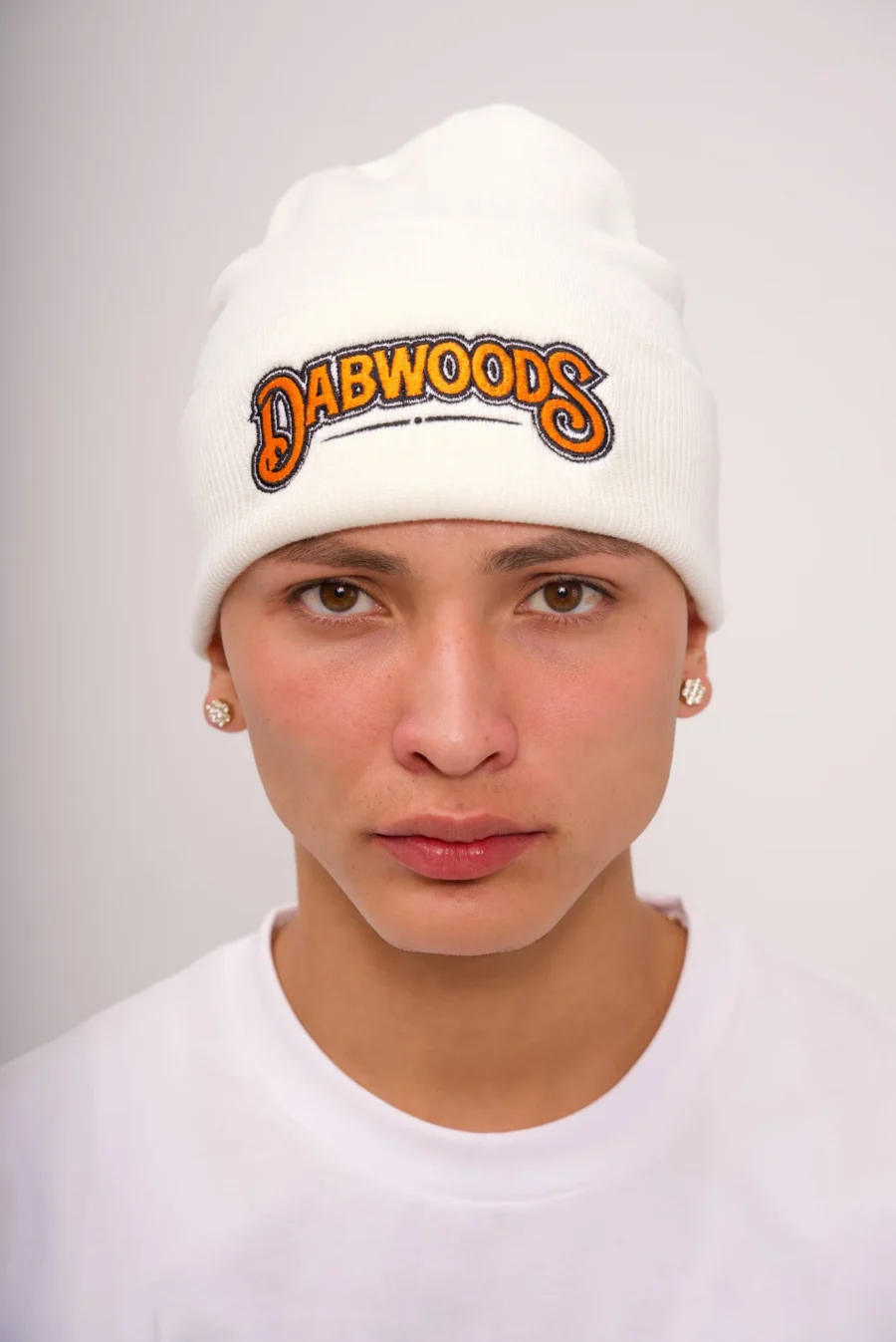 Dabwoods White Beanie on dabwood model